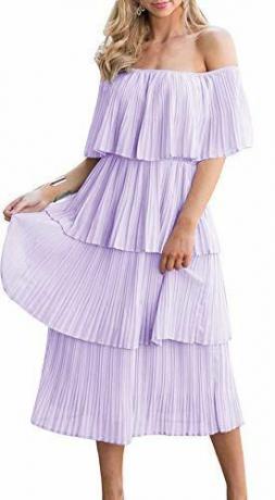 ETCYY női váll a nyári sifon többszintű fodros rakott alkalmi Midi ruha lila