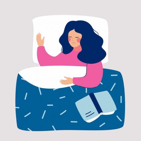 nő alszik éjjel az ágyában, nyitott könyv vektoros illusztráció