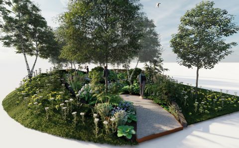 rhs erdei fürdőkert, rhs jellemző kert, tervezte: Dave Green, Rhs Hampton Court Palace Garden Festival 2022