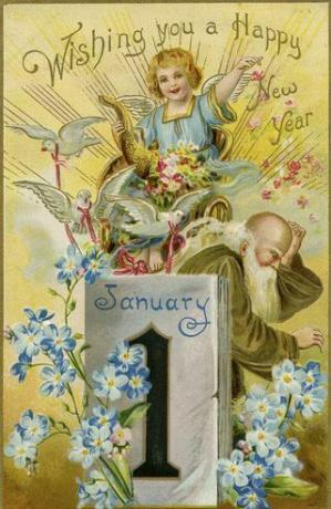 Ábra újévi képeslapra, amely a régi apák idejét és a baba újévet mutatja be, a naptár január 1-jével