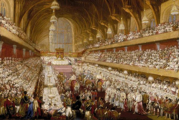 György király koronázási bankettje a westminster teremben, 1821-ben a terem két oldalán lévő két asztalsort társak foglalták el. a dzsentri pedig a fenti két szinten ült, és magában a banketten nem vettek részt, a király a legfelső asztalnál ül, lóháton ülő férfiakkal, köztük egy páncélos lovag a központi folyosón a középkori terem a londoni élet központja volt, és ma is áll. képeket