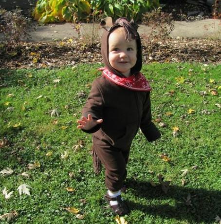 lónak öltözött gyermek, barna kapucnis pulóverben és nadrágban, piros szalaggal a nyakában, a kapucni fonalból és barna filc fülből készült sörényű